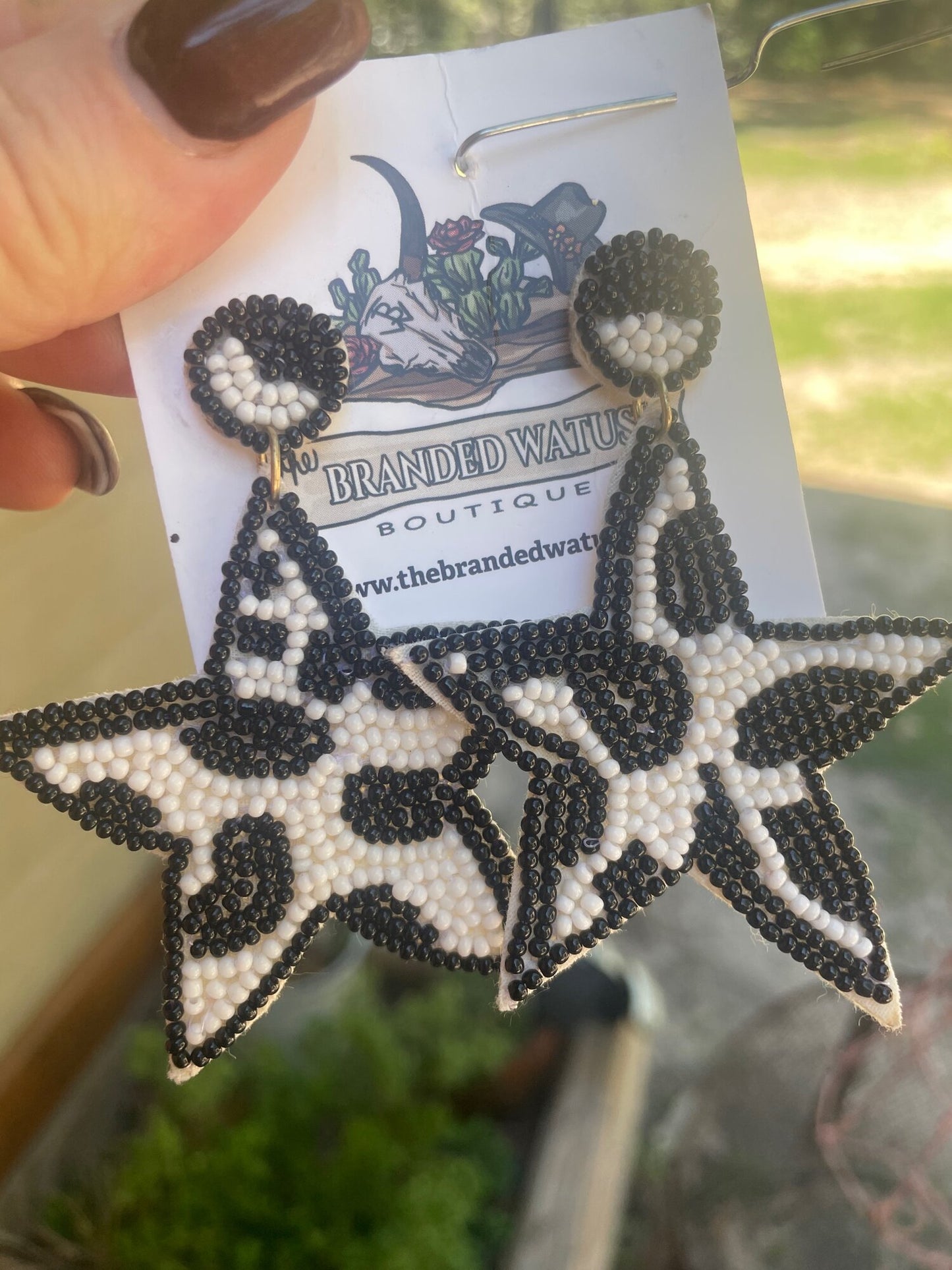 Beaded Cowprint Star Earrings