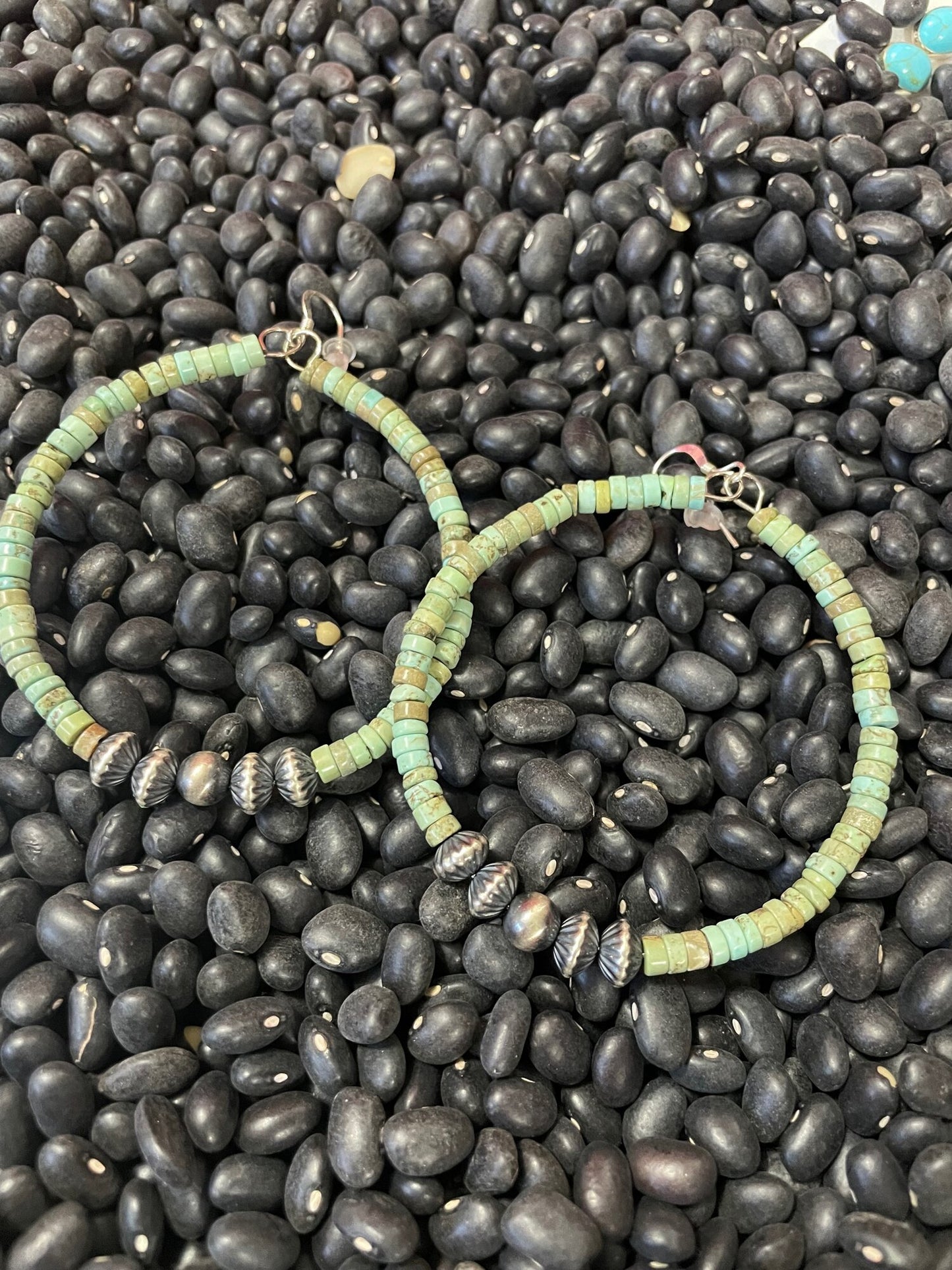 Green Heishi Hoop Earrings w/Navajo