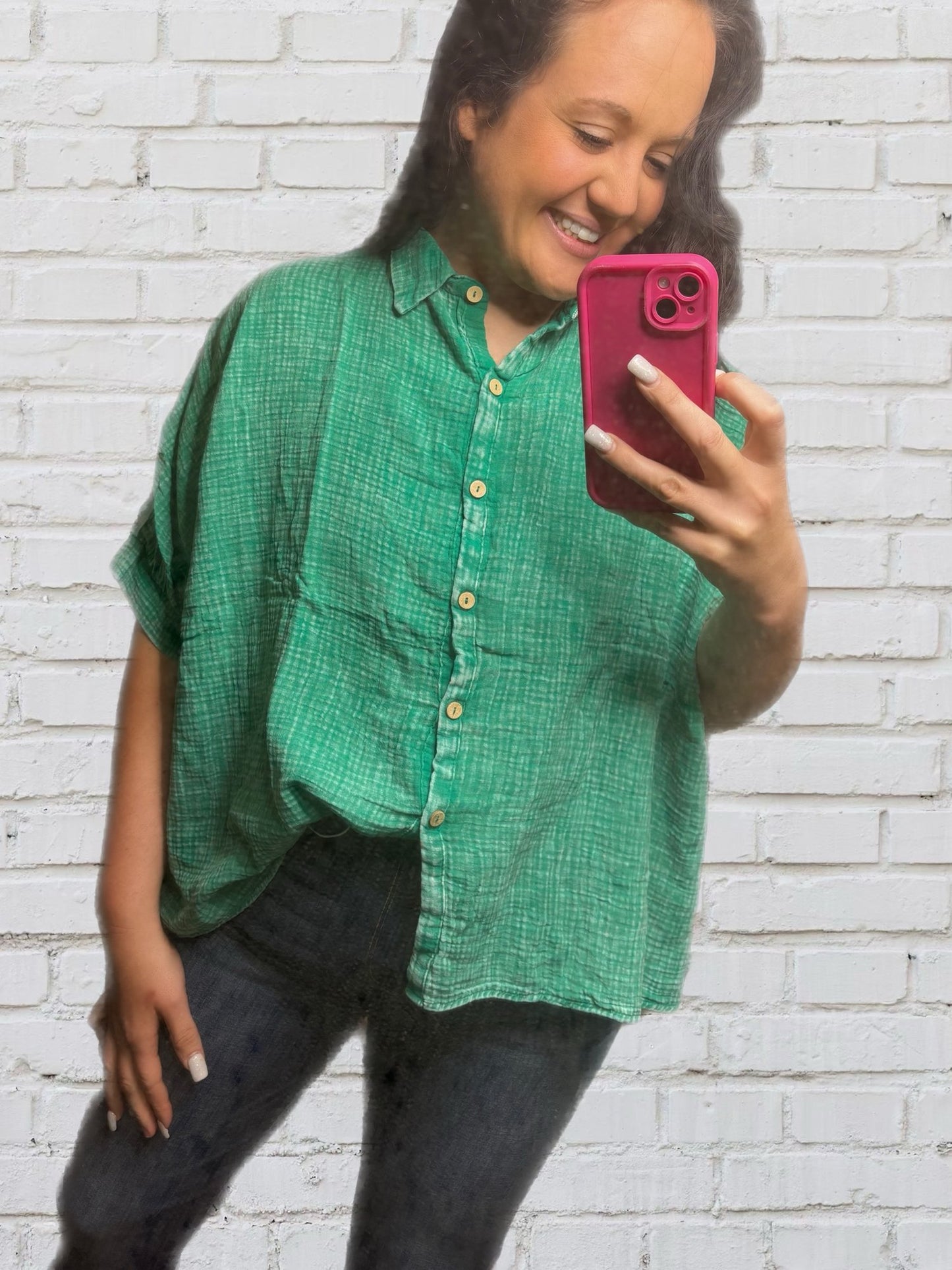 Kelly Green Washed Gauze Top