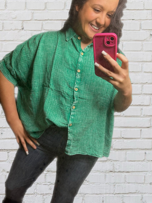 Kelly Green Washed Gauze Top