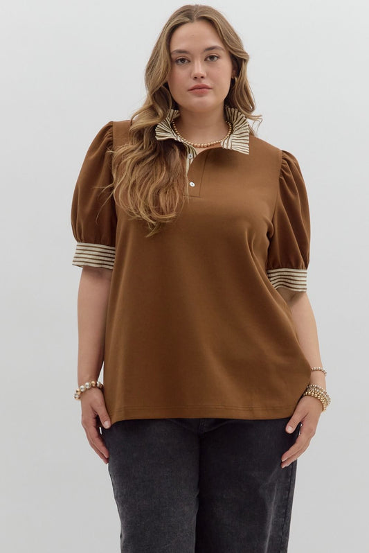 Brown Knit Puff Sleeve Top