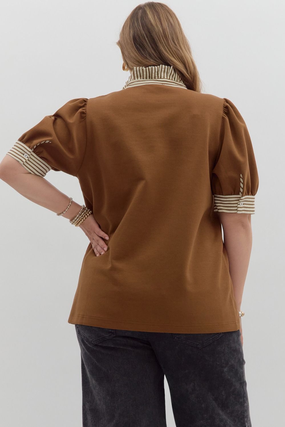 Brown Knit Puff Sleeve Top