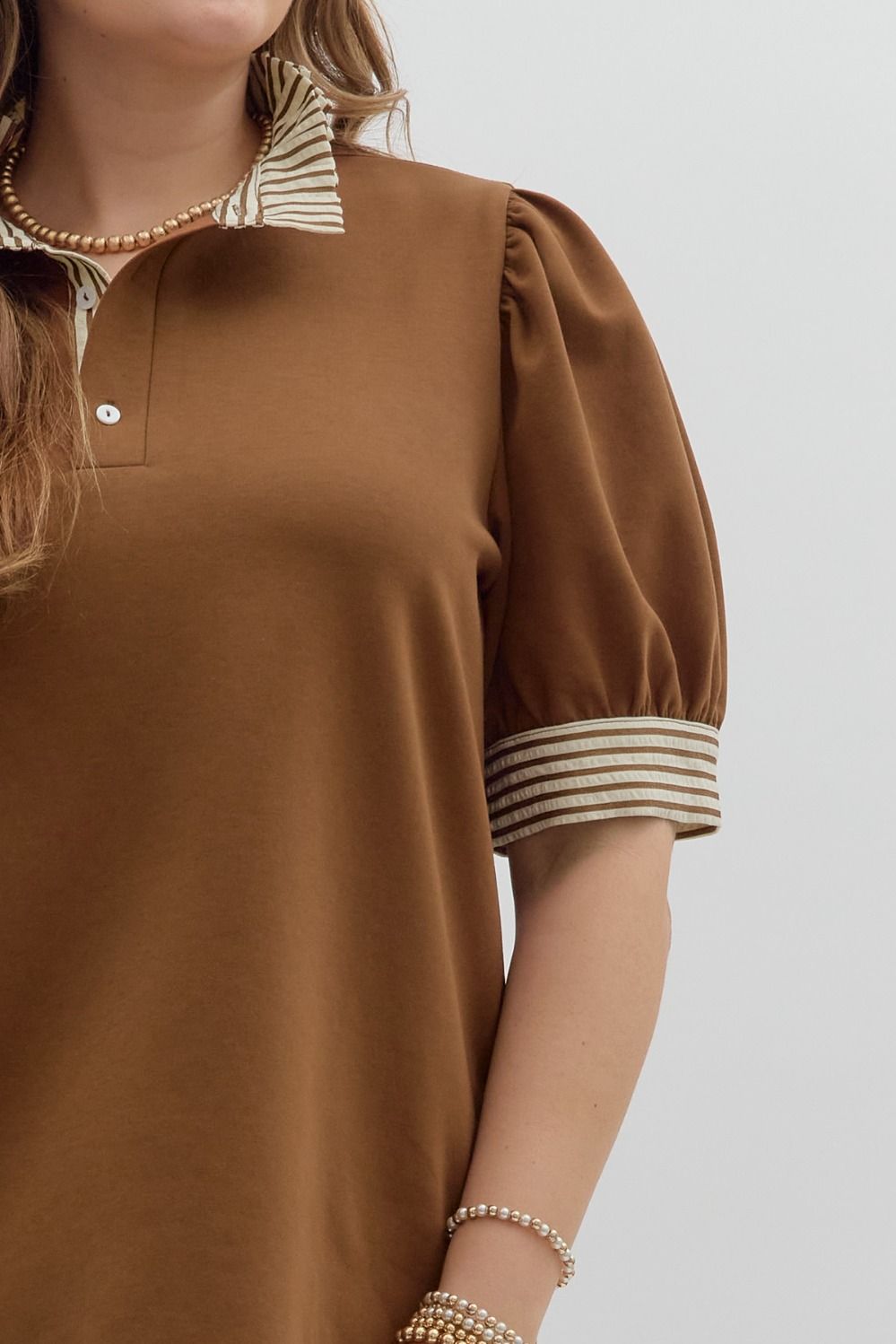 Brown Knit Puff Sleeve Top