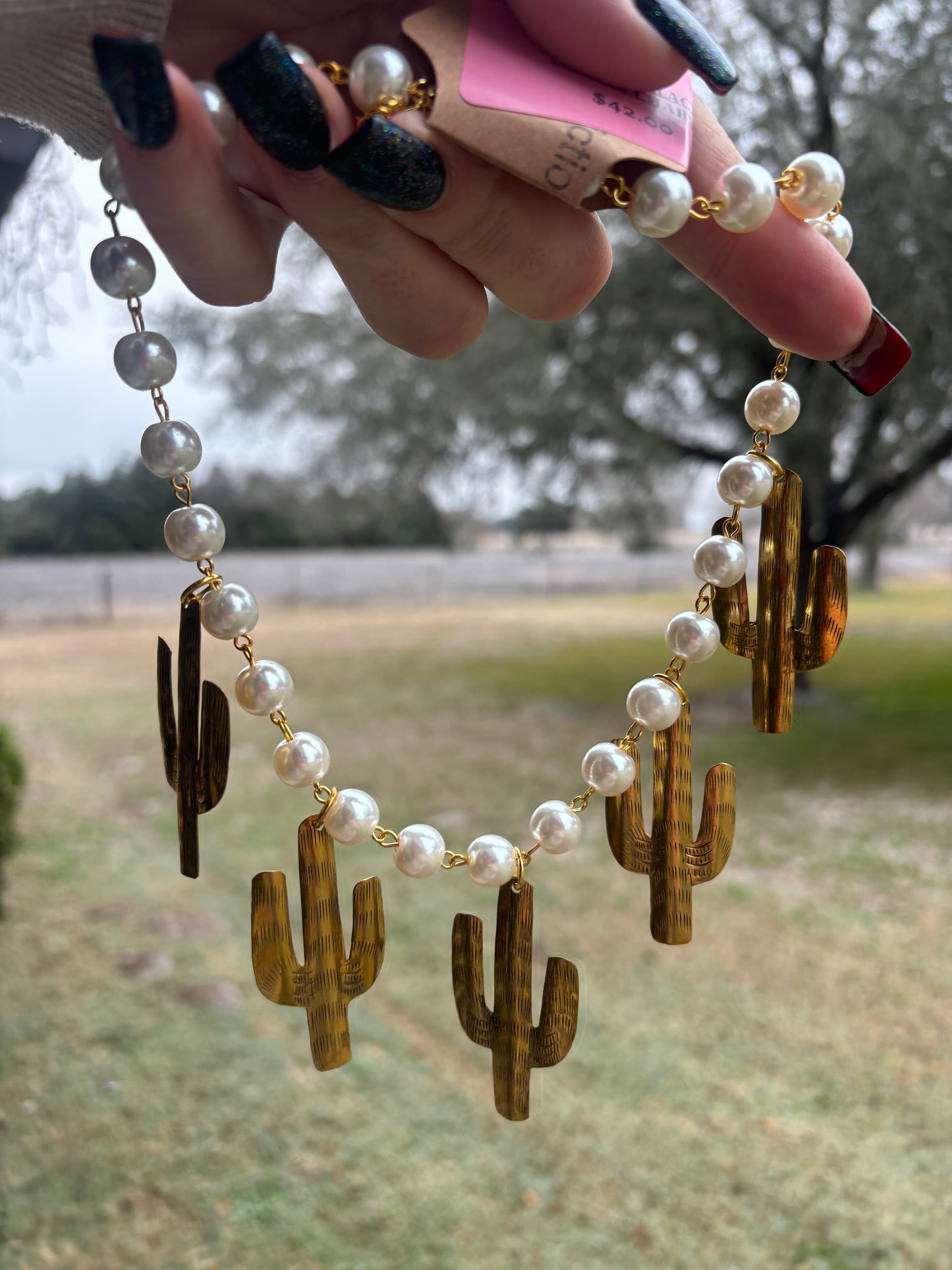 Pearl Necklace W/ Cactus Charms