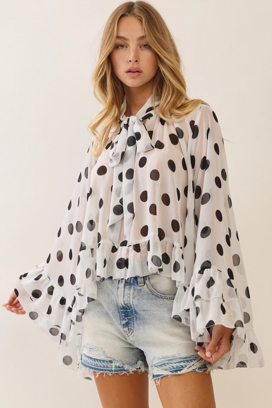 Polka Dot Chiffon Ruffle Top