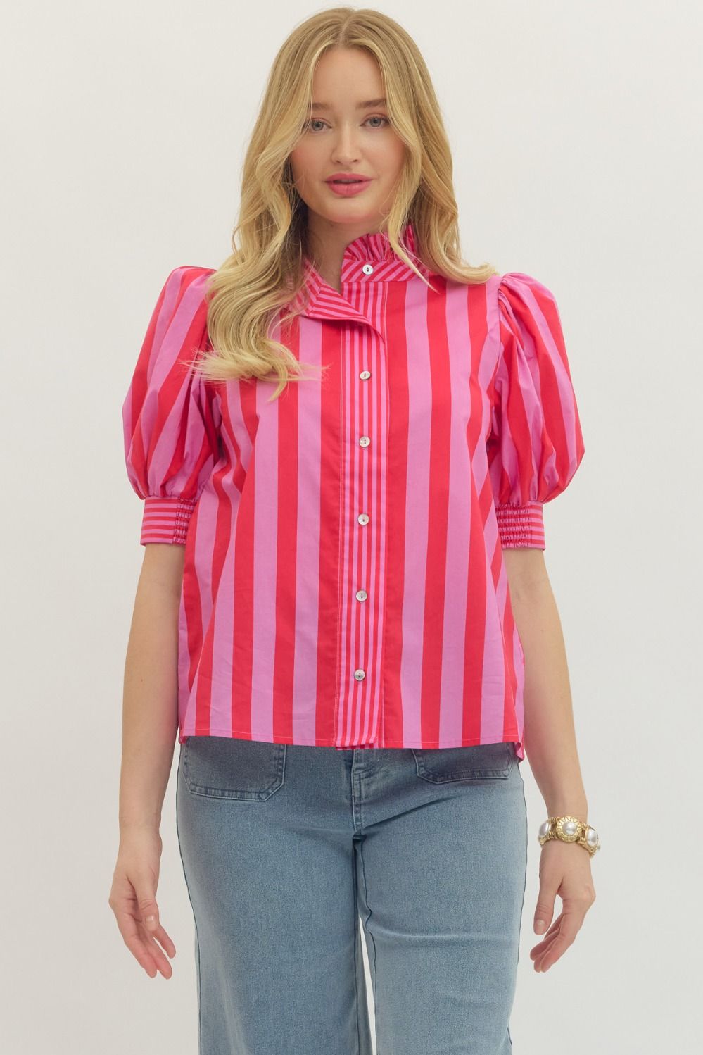 Red & Pink Striped Puff Sleeve Top