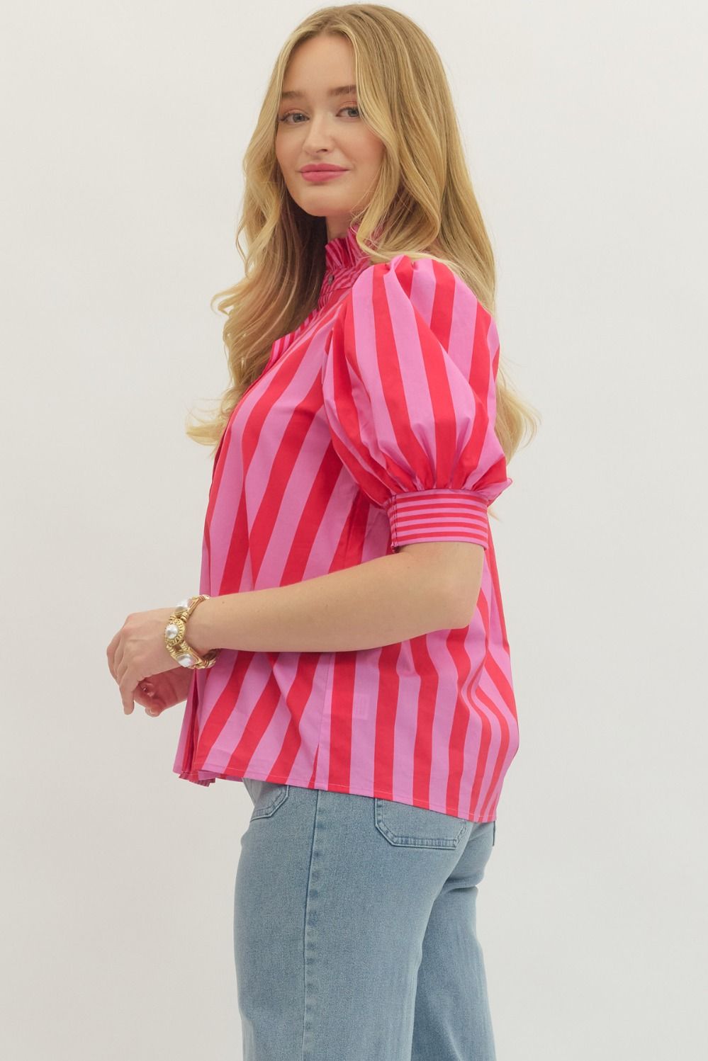 Red & Pink Striped Puff Sleeve Top