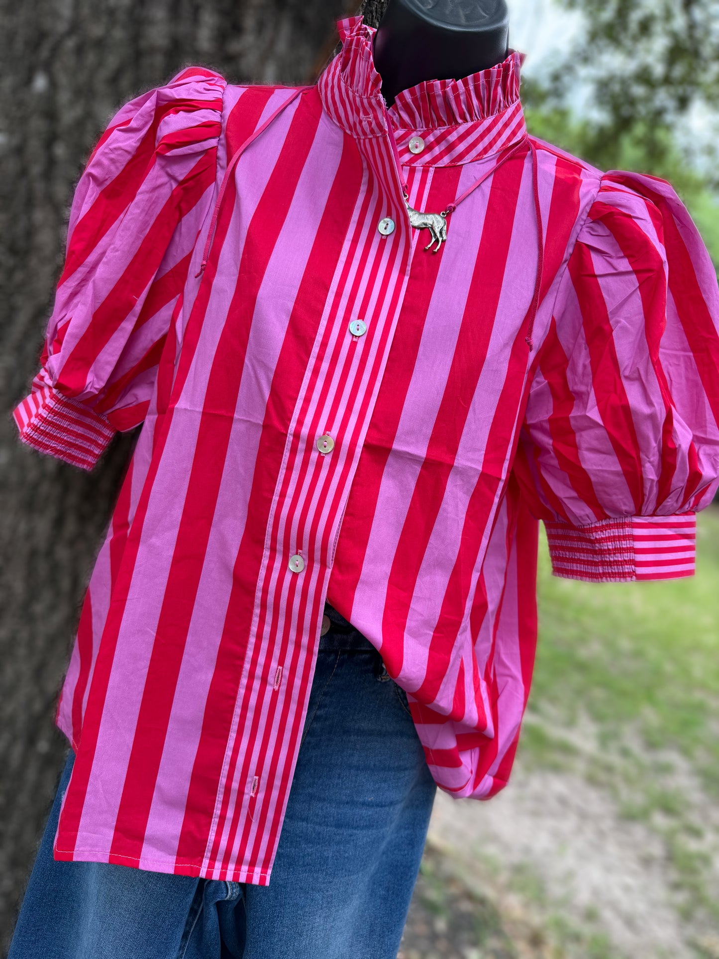 Red & Pink Striped Puff Sleeve Top