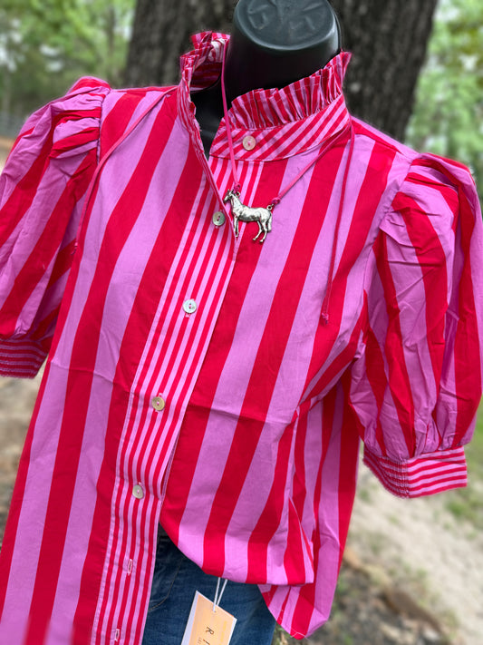 Red & Pink Striped Puff Sleeve Top