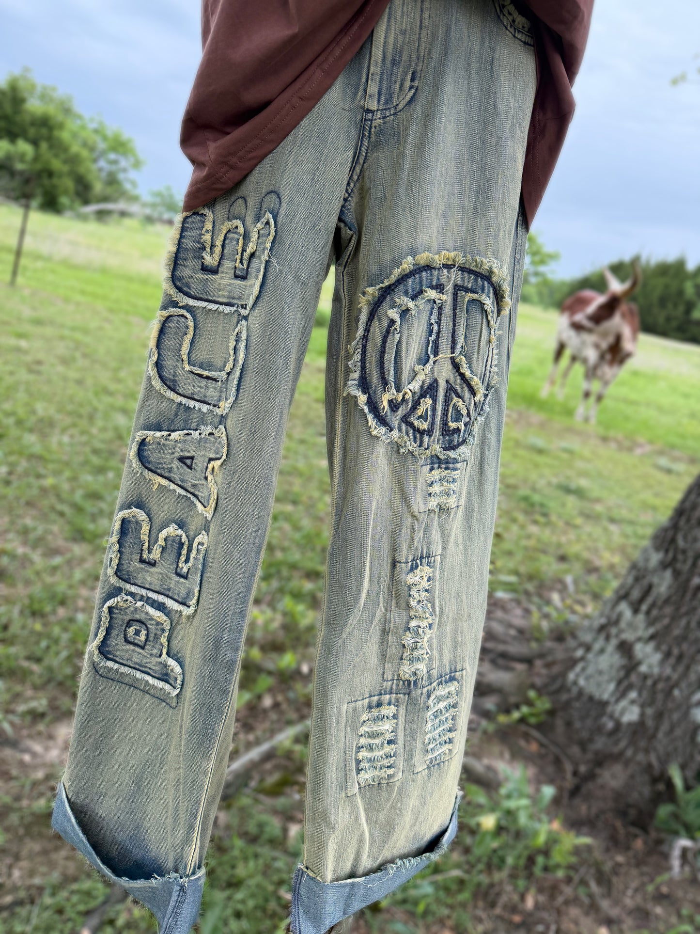Peace Patch Work Distressed Denim Jeans