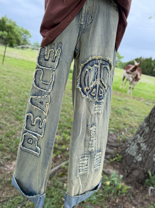 Peace Patch Work Distressed Denim Jeans