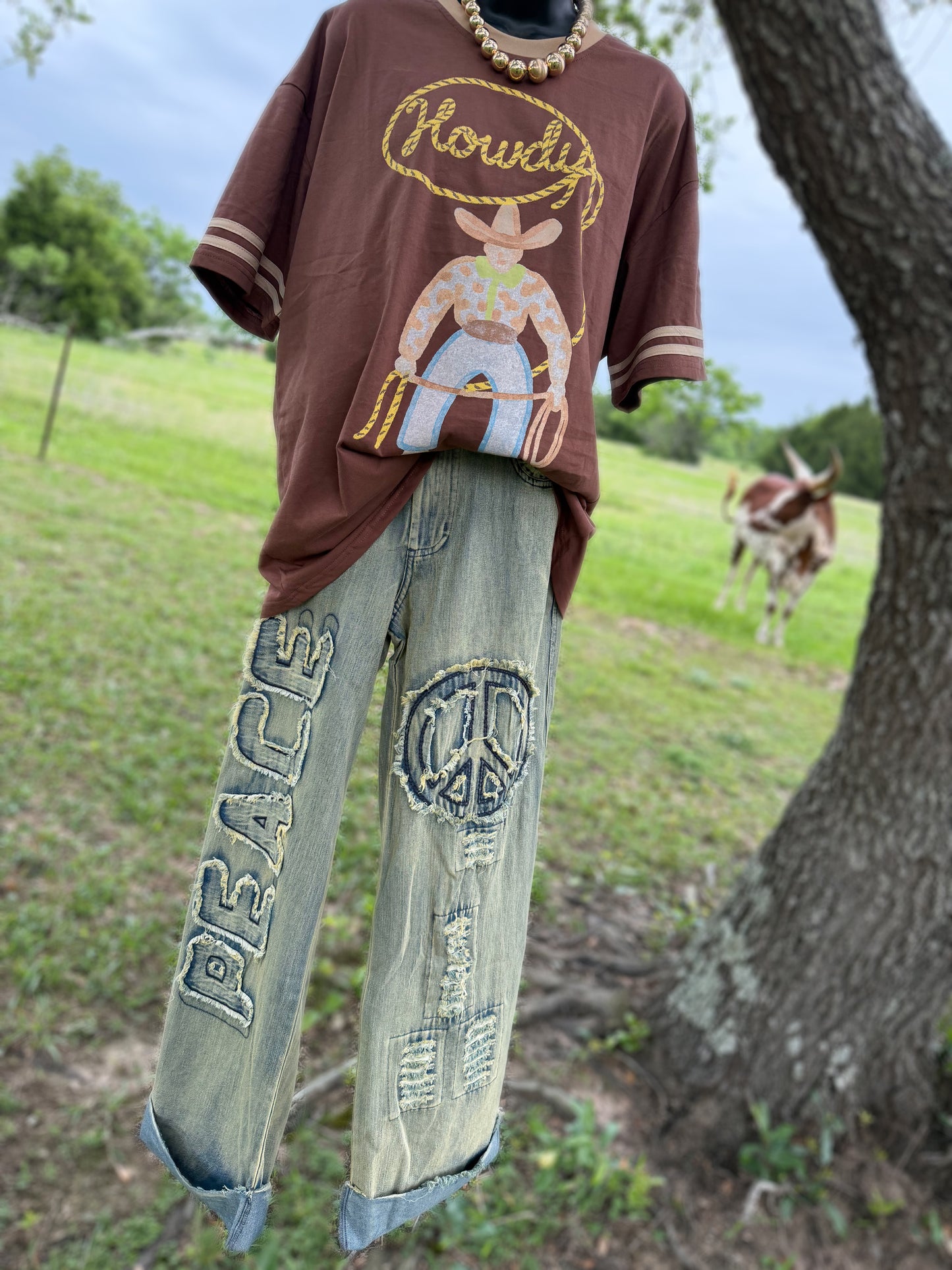 Peace Patch Work Distressed Denim Jeans