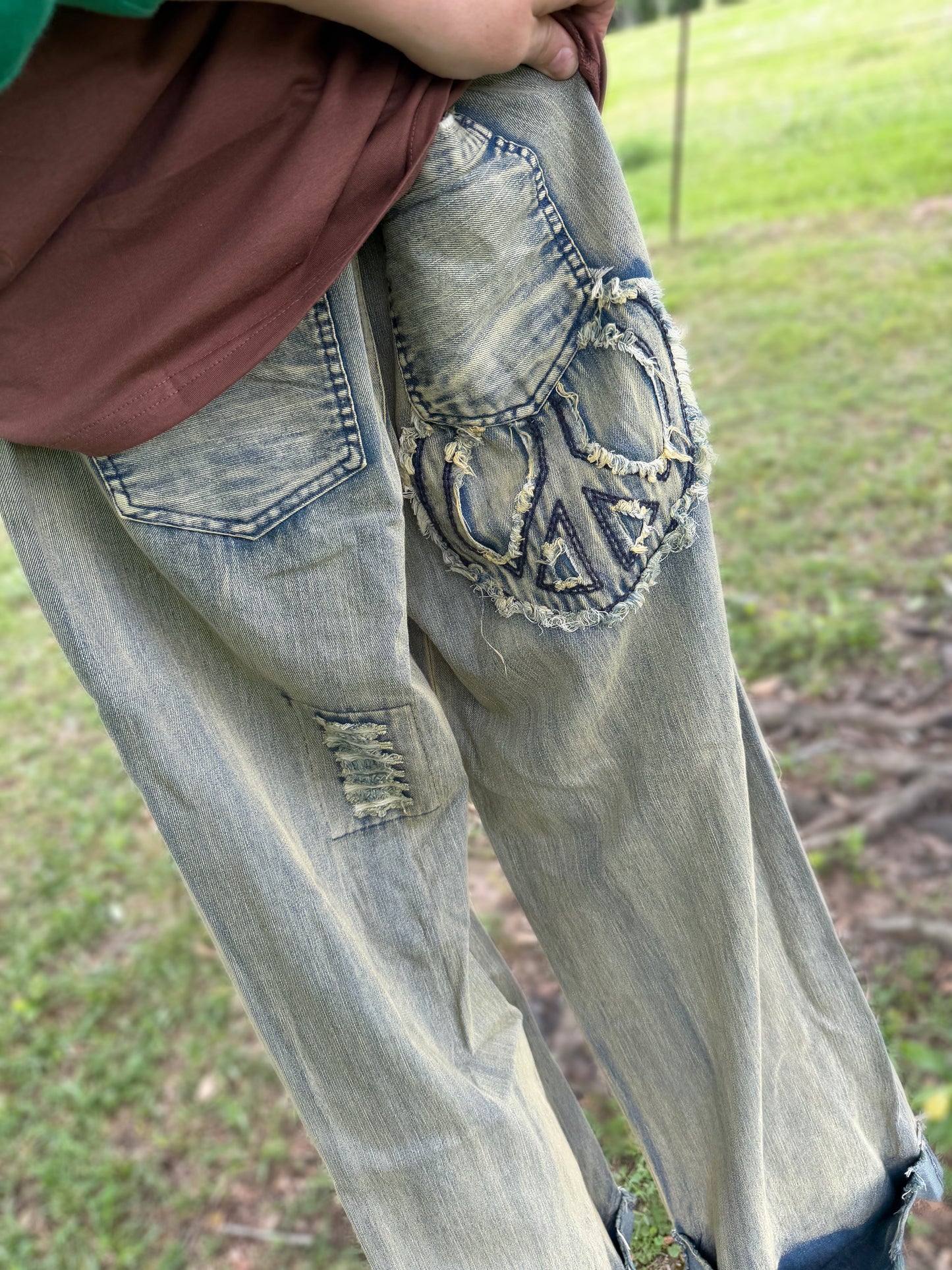 Peace Patch Work Distressed Denim Jeans