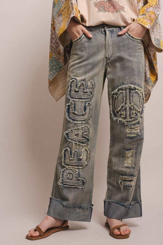 Peace Patch Work Distressed Denim Jeans