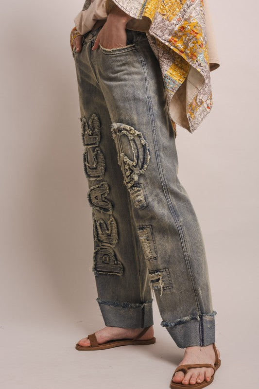 Peace Patch Work Distressed Denim Jeans