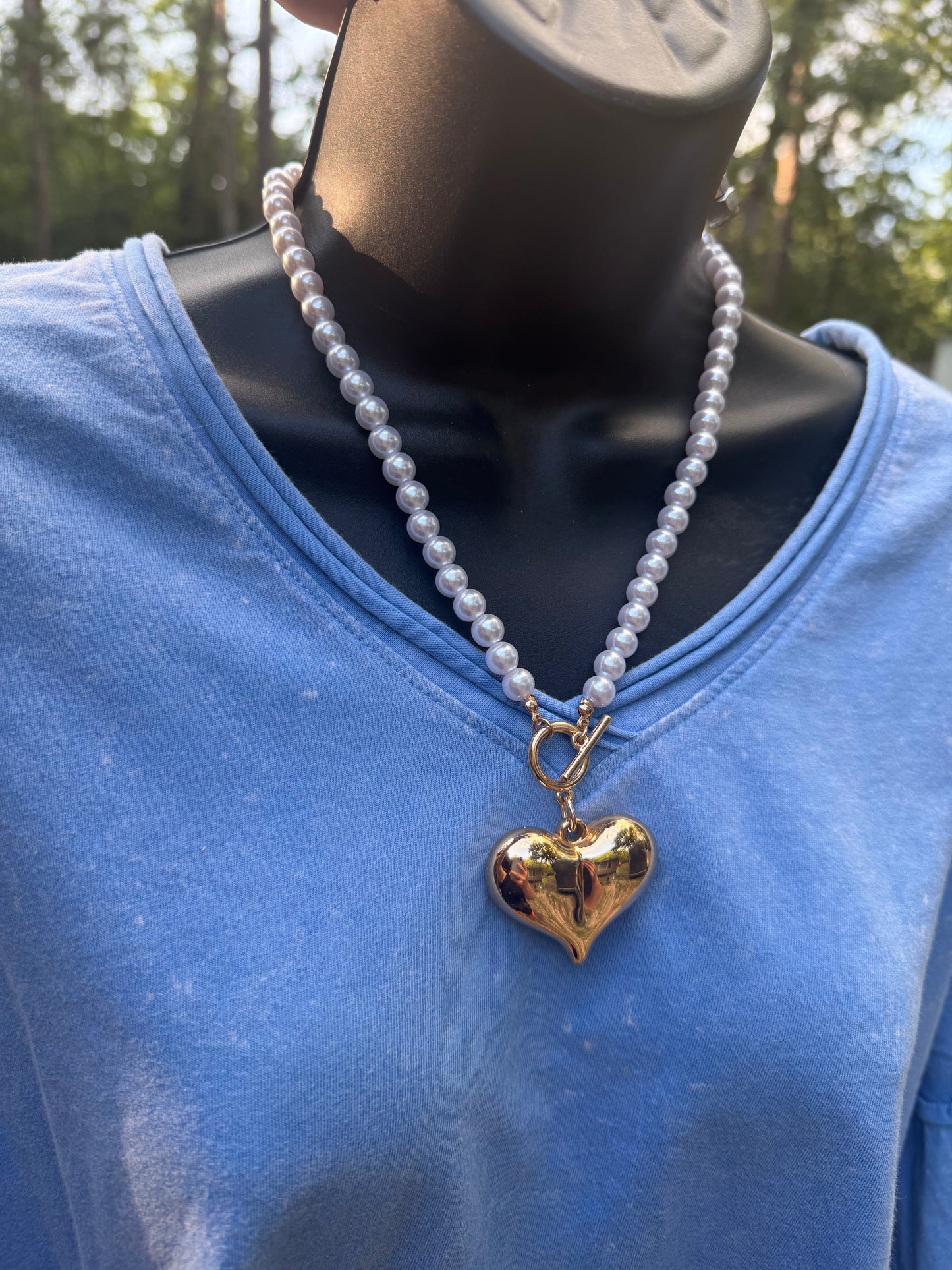 Pearl Charm Necklace W/Gold Heart