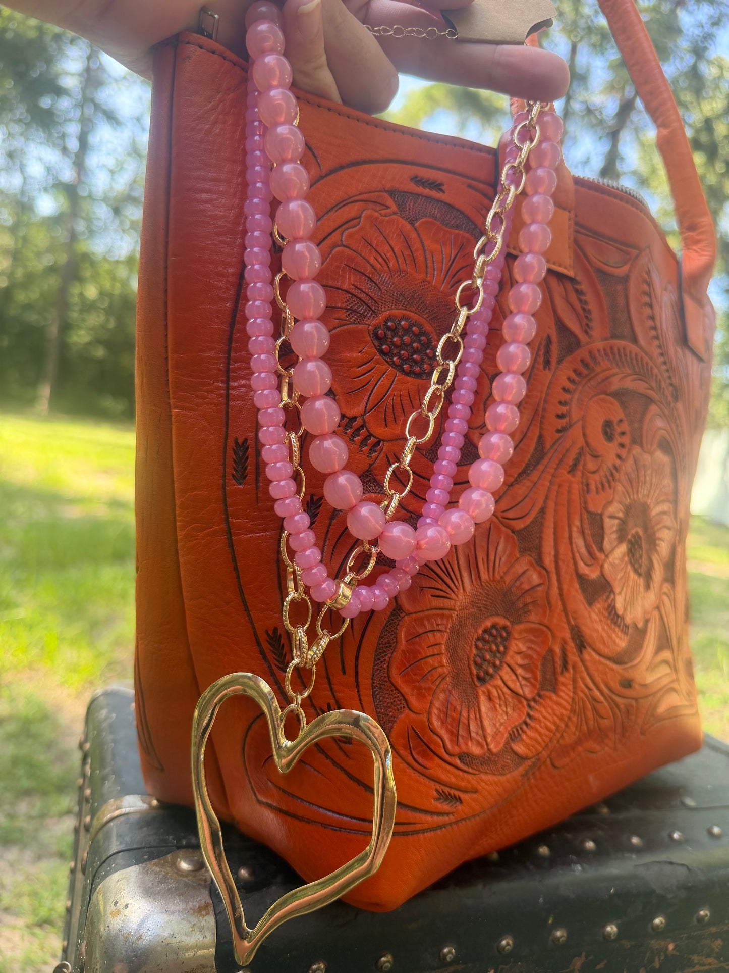 Pink & Gold Heart Charm Necklace