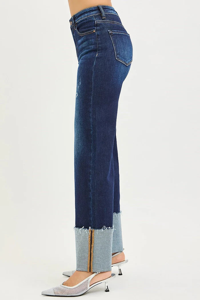 High Rise Ankle Wide Cuff Jeans - Deep Blue