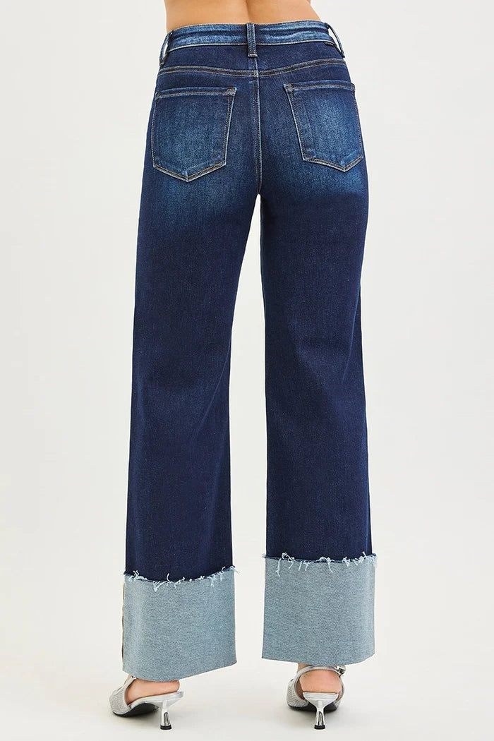 High Rise Ankle Wide Cuff Jeans - Deep Blue