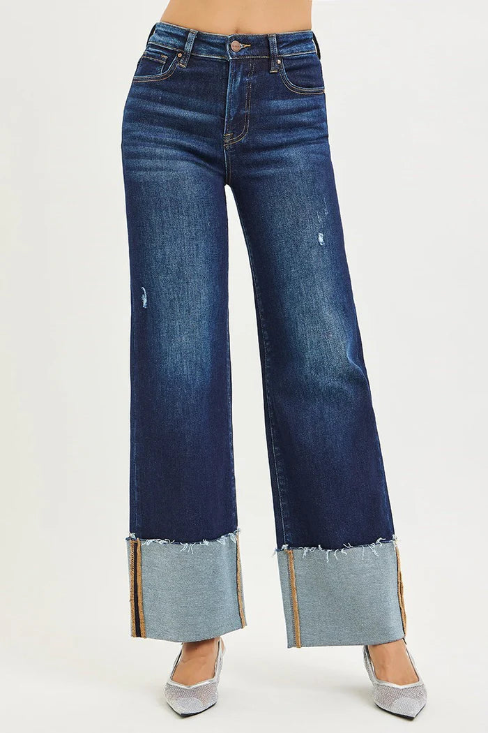 High Rise Ankle Wide Cuff Jeans - Deep Blue