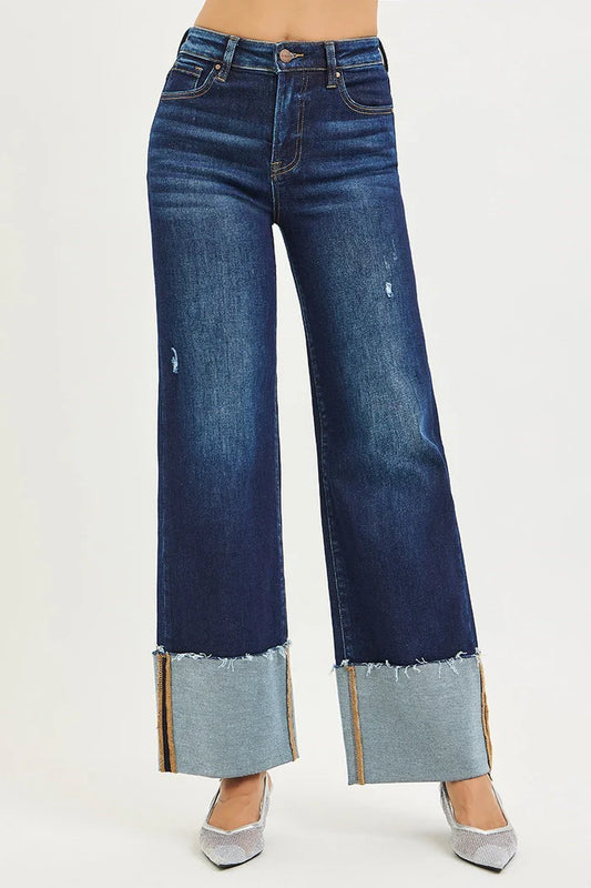 High Rise Ankle Wide Cuff Jeans - Deep Blue