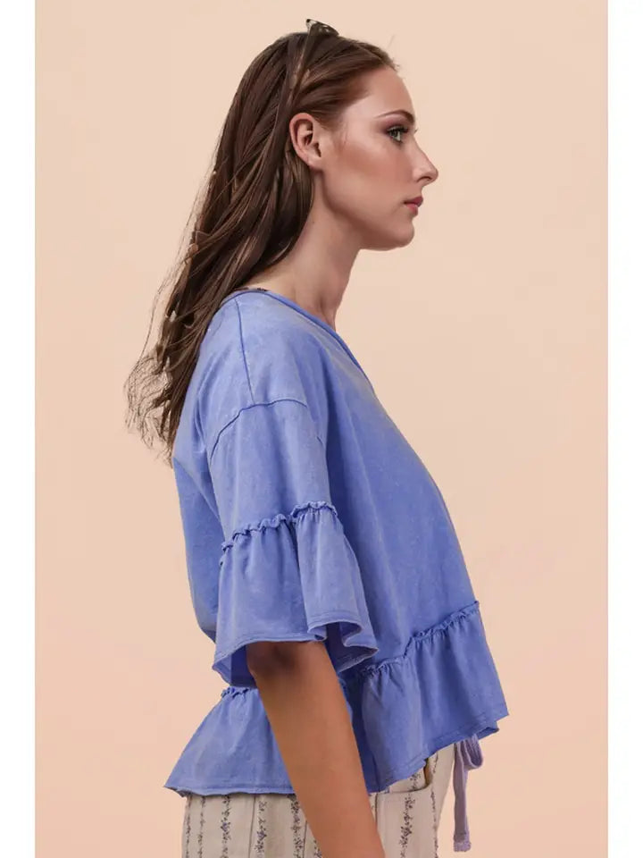 Blue Mineral Wash Ruffle Knit Top
