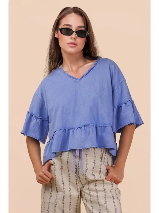 Blue Mineral Wash Ruffle Knit Top