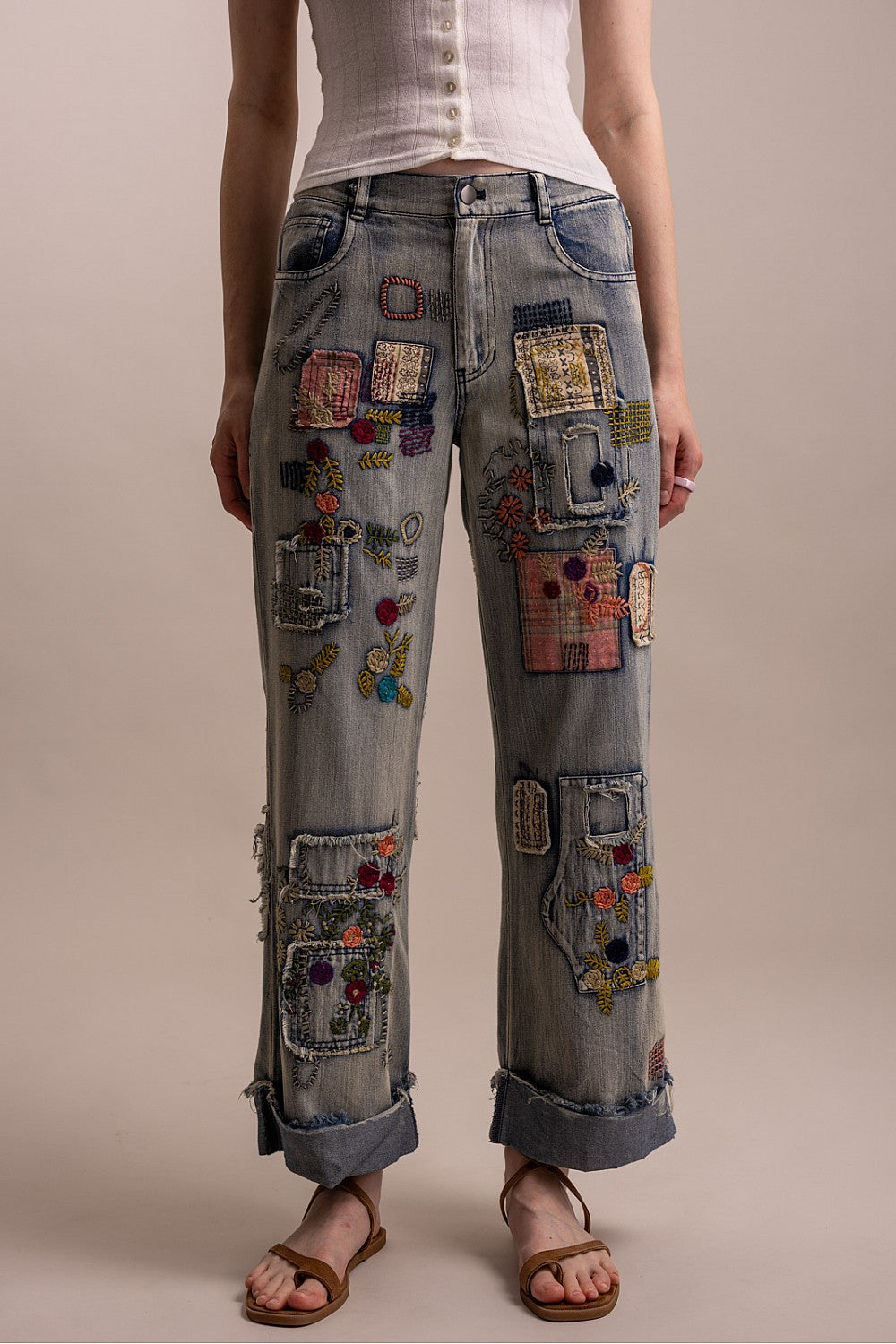 Patchwork Embroidered Denim Pants