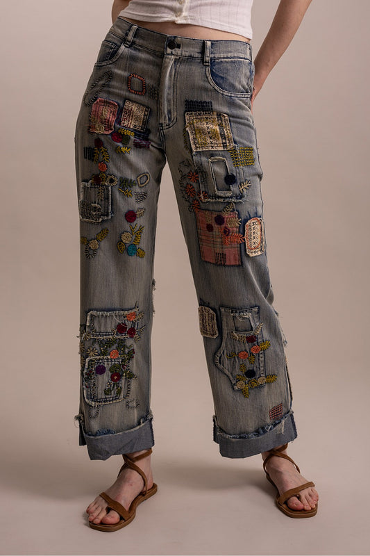 Patchwork Embroidered Denim Pants