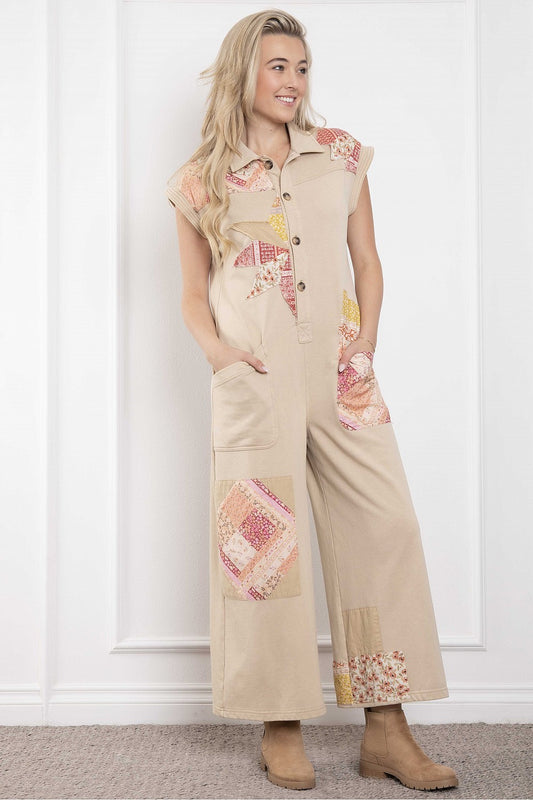 Patchwork Sleeveless Button Up Jumpsuit
