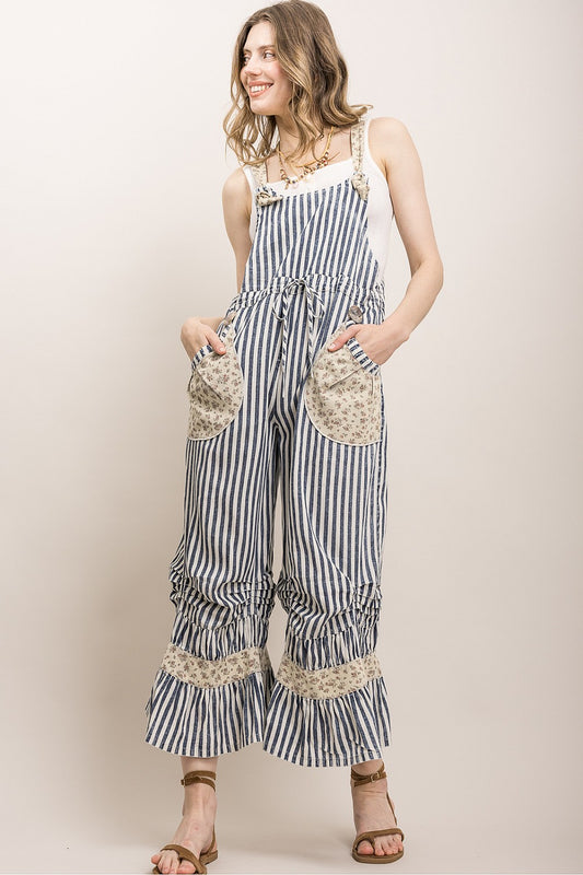 Denim Stripe Floral Overalls