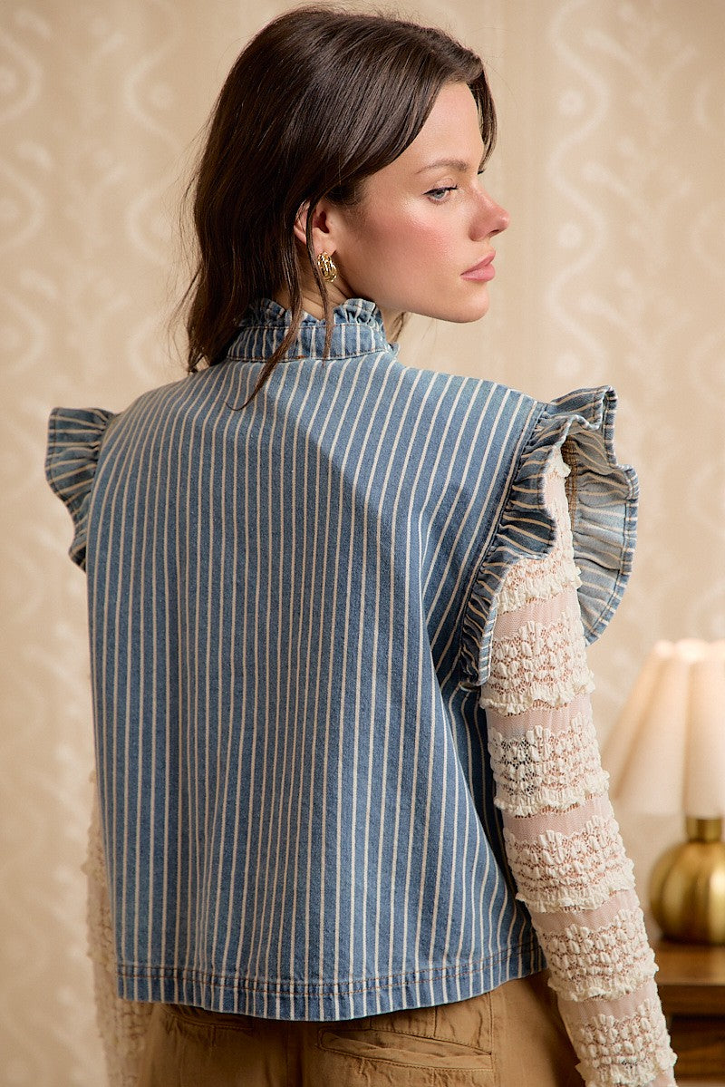 Stripe Ruffle Slv Tie Front Vest