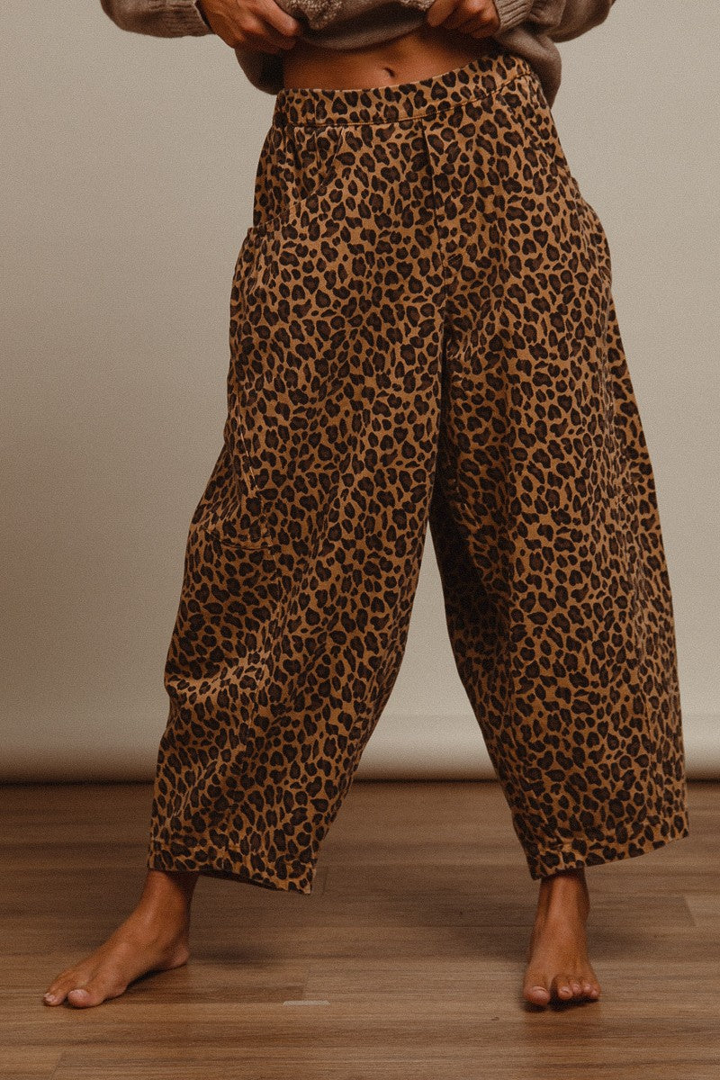 Washed Leopard Denim Mid Rise Barrel Jeans