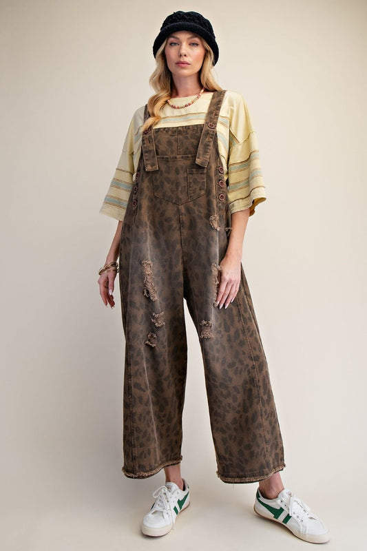 Animal Print Washed Denim Overall