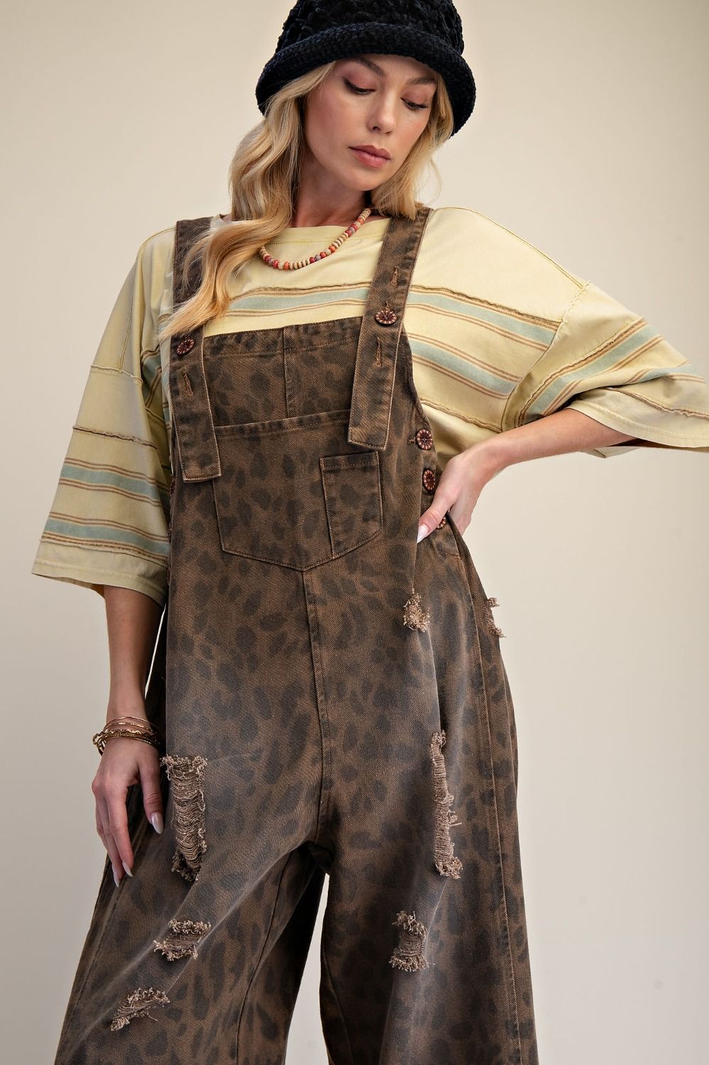 Animal Print Washed Denim Overall