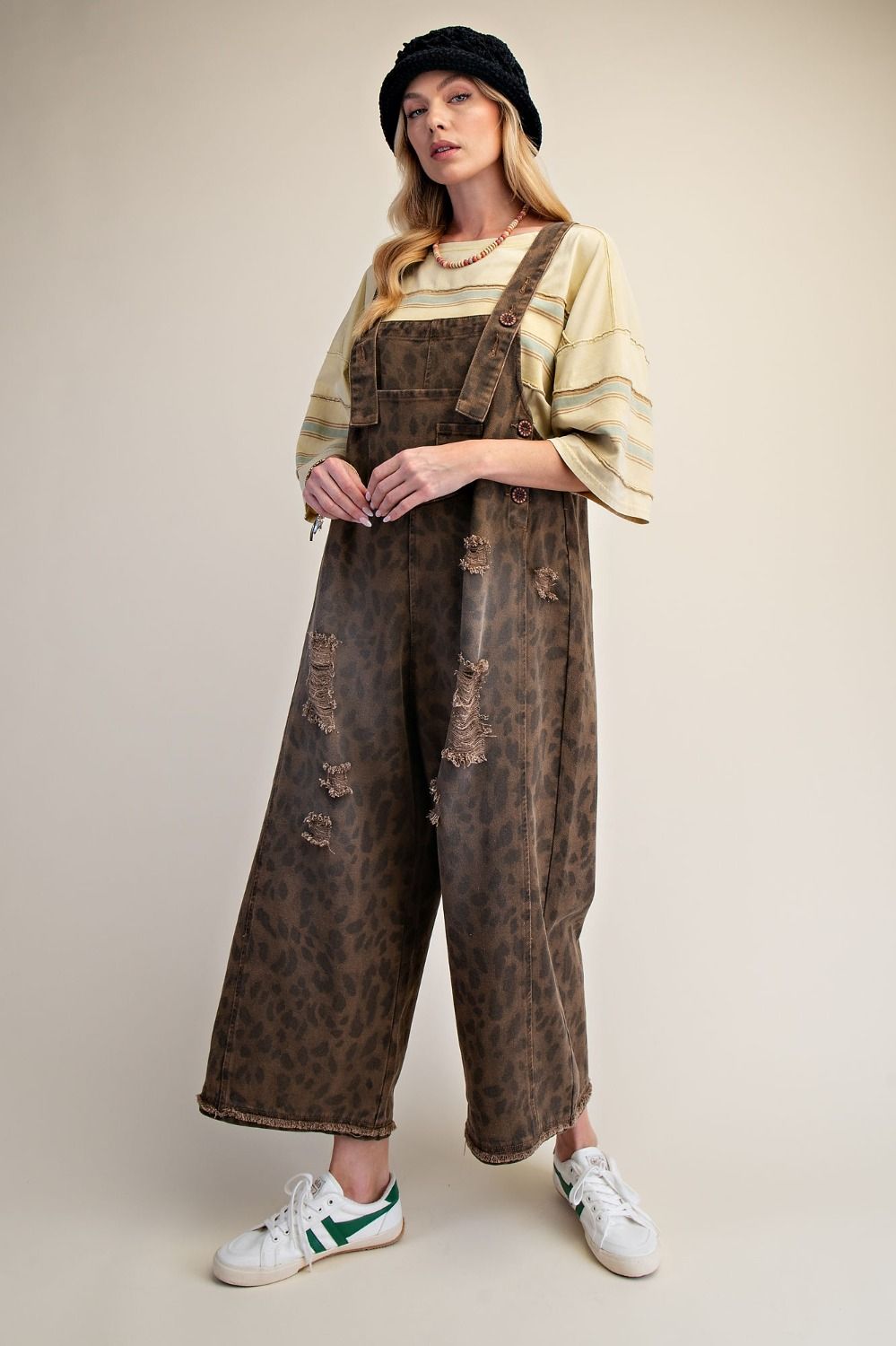 Animal Print Washed Denim Overall