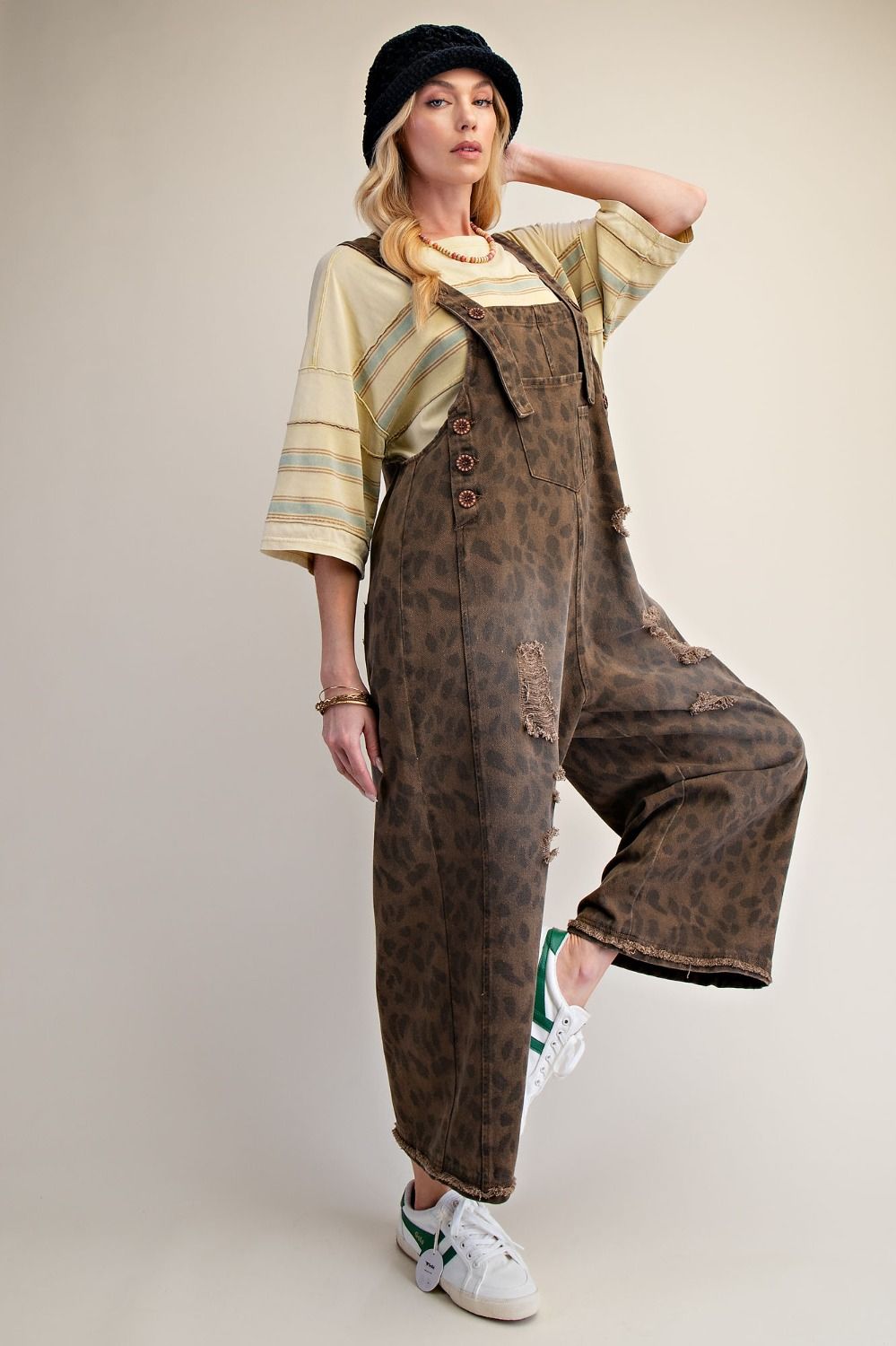 Animal Print Washed Denim Overall