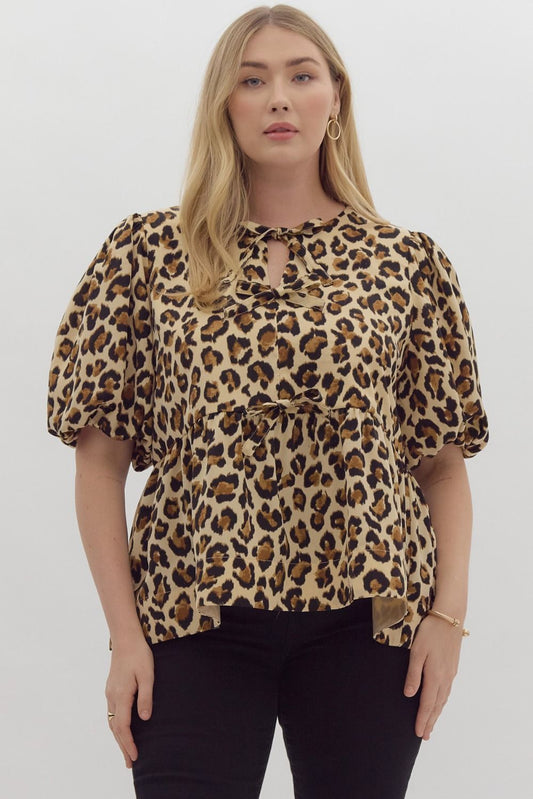 Leopard Bubble Sleeve Peplum Top