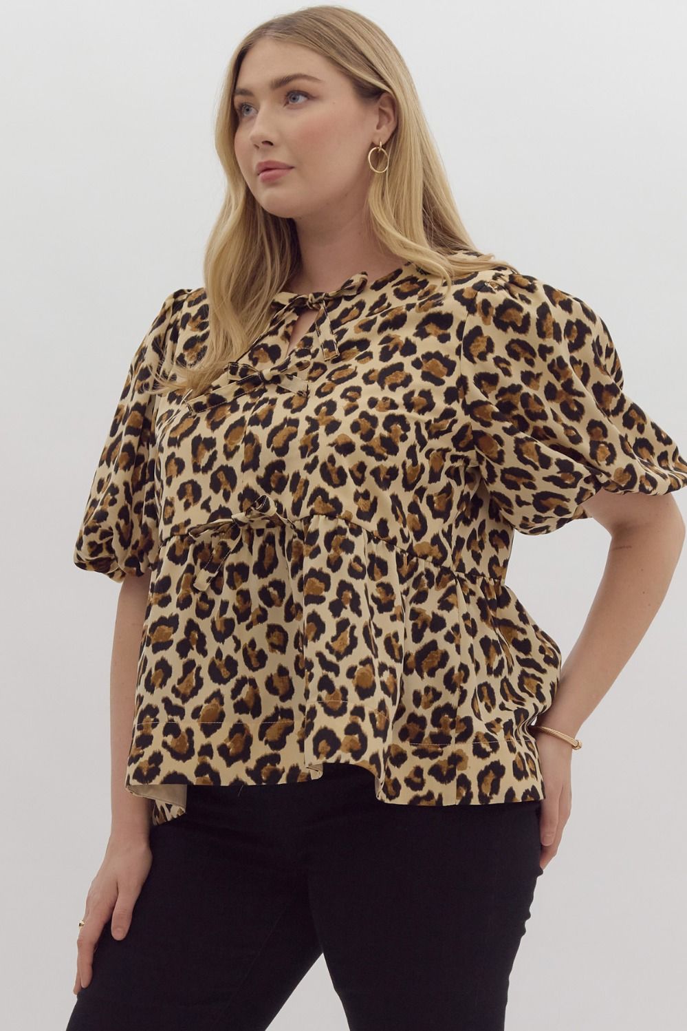 Leopard Bubble Sleeve Peplum Top