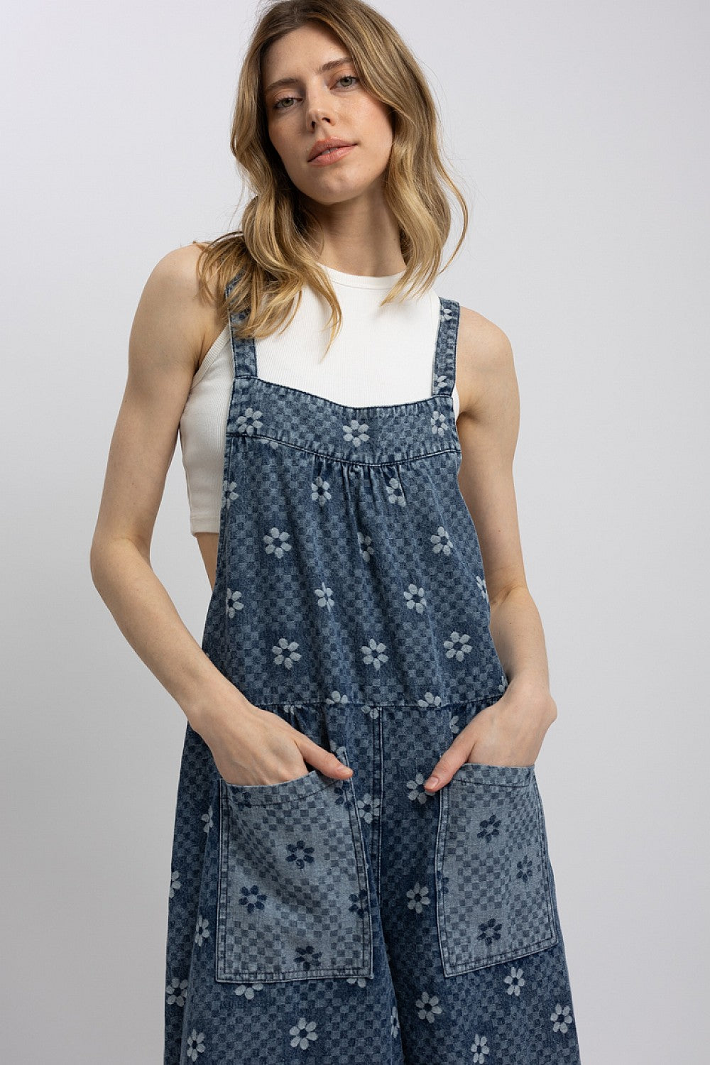 Denim Flower Print Jumpsuit