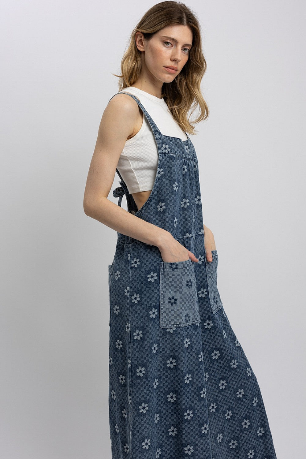 Denim Flower Print Jumpsuit