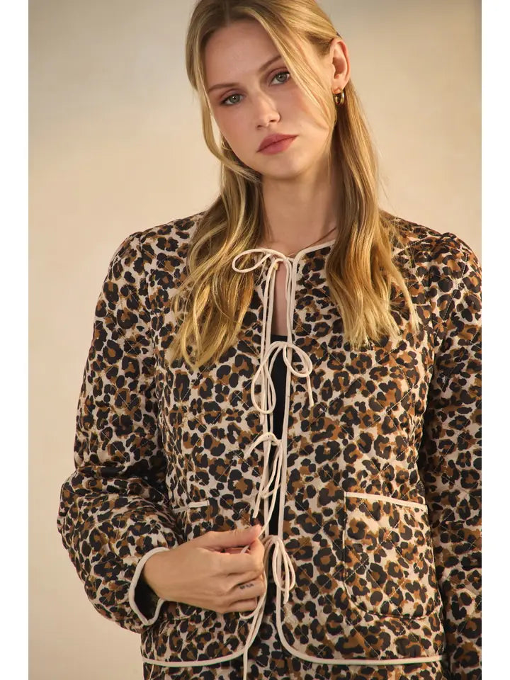 Quilted Animal Print Front Tie Jacket