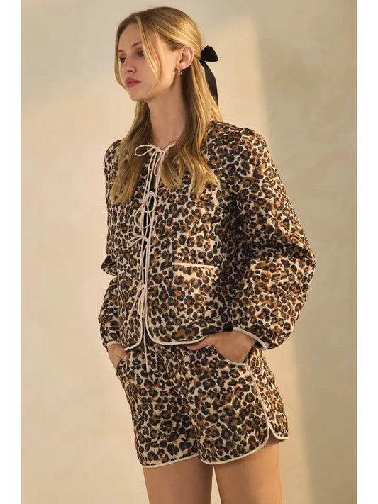 Quilted Animal Print Front Tie Jacket