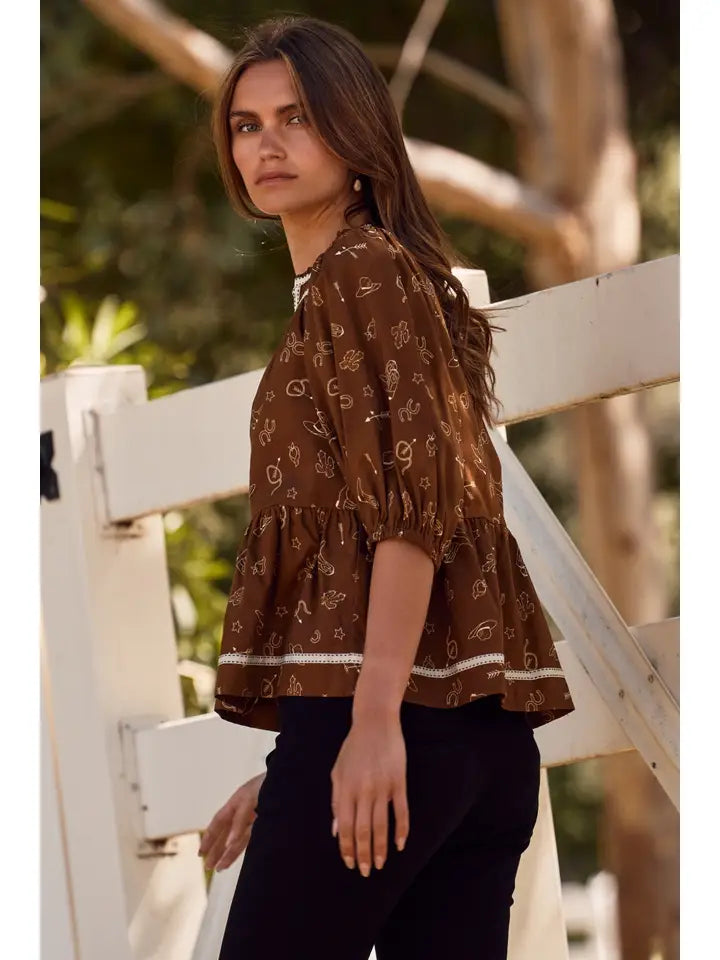Western Print Blouse with Trim