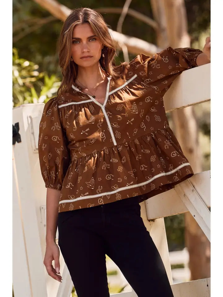 Western Print Blouse with Trim
