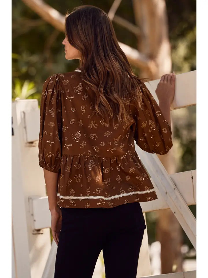 Western Print Blouse with Trim