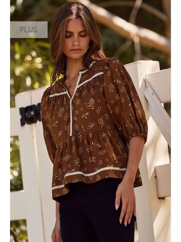 Western Print Blouse with Trim